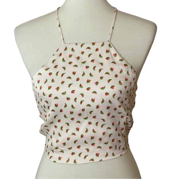 NWT ZARA Beige Watermelon Print Crop Halter Crisscross Tie Top - Size Small - Picture 1 of 14